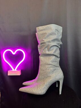 Silver Glitter Slouch High-Heel Boots - Women Mid Calf Sparkly Taylor Swift